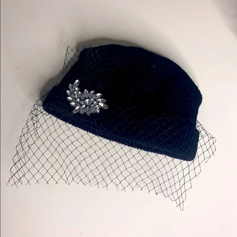 Face net black Jewel embellished knit beanie cap winter